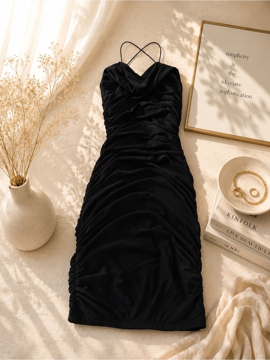 The Vintage Shop Dresses & Skirts - The Vintage Shop Black Ruched Slip Dress with Crisscross Straps